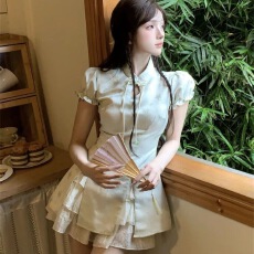 批发小个子夏季国风收腰短裙女显瘦小众设计感新中式复古连衣裙套装女