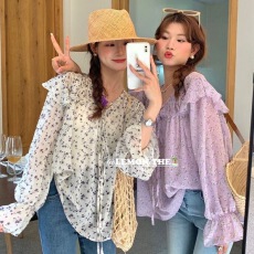 批发THELEMON柠檬绿茶法式荷叶边V领系带<b class='q'>碎花</b><b class='q'>衬衫</b>宽松显瘦雪纺小衫女