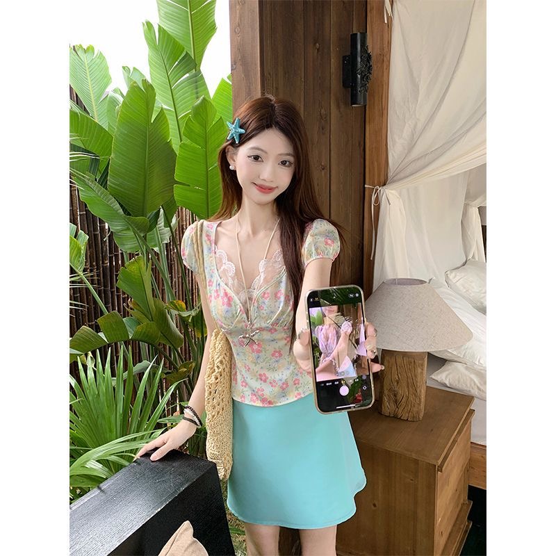 RY719# 纯欲碎花蕾丝拼接短袖高腰半身短裙女夏季新款时尚套装潮爆款通勤