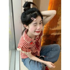 批发红色格子短袖衬衫女甜美可爱2025春夏新款小个子<b class='q'>娃娃领</b>法式上衣
