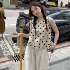 批发减龄木耳边波点无袖小<b class='q'>背心</b>女夏季2026新款外穿显瘦法式娃娃衫上衣