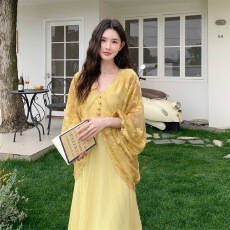 批发2026遮肉金浮图春装复古提花宽松蝙蝠袖<b class='q'>假两件</b>长袖连衣长裙慵懒风