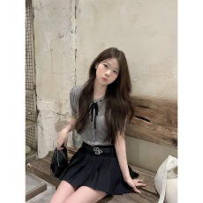 批发镂空夏季短袖<b class='q'>针织</b><b class='q'>开衫</b>女蝴蝶结泡泡袖t恤<b class='q'>短款</b>上衣短裙一整套穿搭