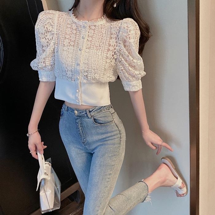 여름 새로운 작은 대중 디자인 센스 흰 셔츠 홀로우 아웃 홍콩 느낌 프랑스식 슬림해 보이는 오픈 가디건 레이스 반팔 요정 맨위