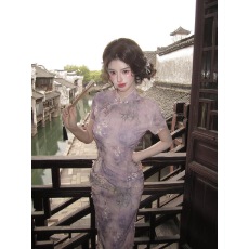 批发新中式连衣裙高级感名媛<b class='q'>复古</b>提花紫色改良旗袍气质长裙性感包臀裙
