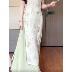 批发抹茶2026年<b class='q'>春</b>夏季新款绿色素雅奥黛改良旗袍淑女范年轻新中式裙子