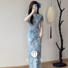 批发《琉璃月影》蓝色旗袍2026春夏新款<b class='q'>复古</b>民国风温婉少女气质连衣裙
