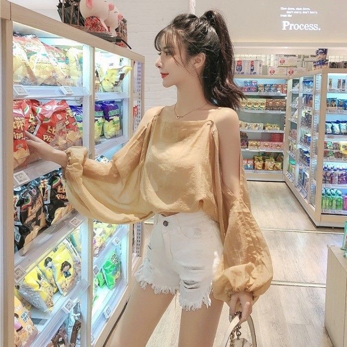 한 부서 얇은 스타일 오프숄더 여성 여름 새로운 느긋한 바람 루즈핏 슬림해 보이는 연령 감소 자외선 차단 맨위