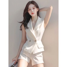 批发夏装搭配一整套干练气质时髦洋气小个子<b class='q'>白色</b>西装马甲短裤职业套装
