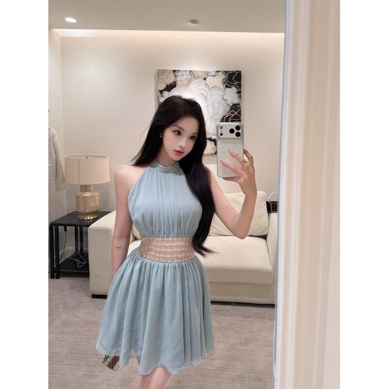 무거운 작업 비즈 박기 발굴하다 어깨 행침 목 여성 드레스 여름 순수한 욕망 허리 수축 슬림해 보이는 한 마디 치마 품격 민소매 미니 스커트