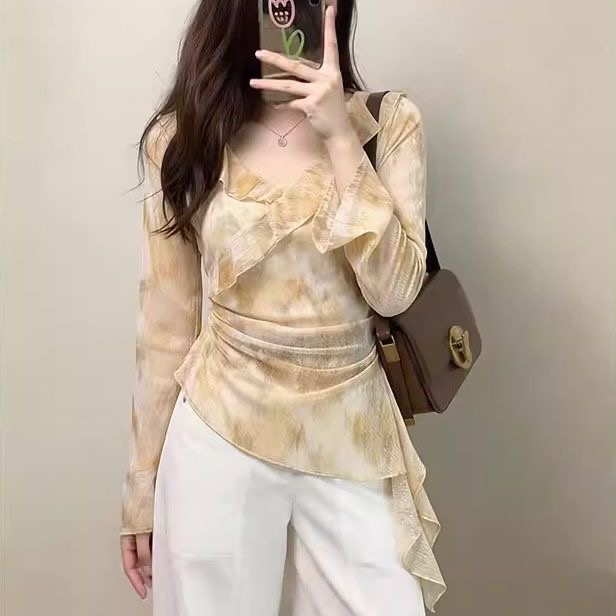 봄 여름 새로운 프랑스식 망사 긴팔 맨위 작은 셔츠 슈퍼 요정 슬림해 보이는 V넥 디자인 신선함 프릴 빛 요리 한 바람