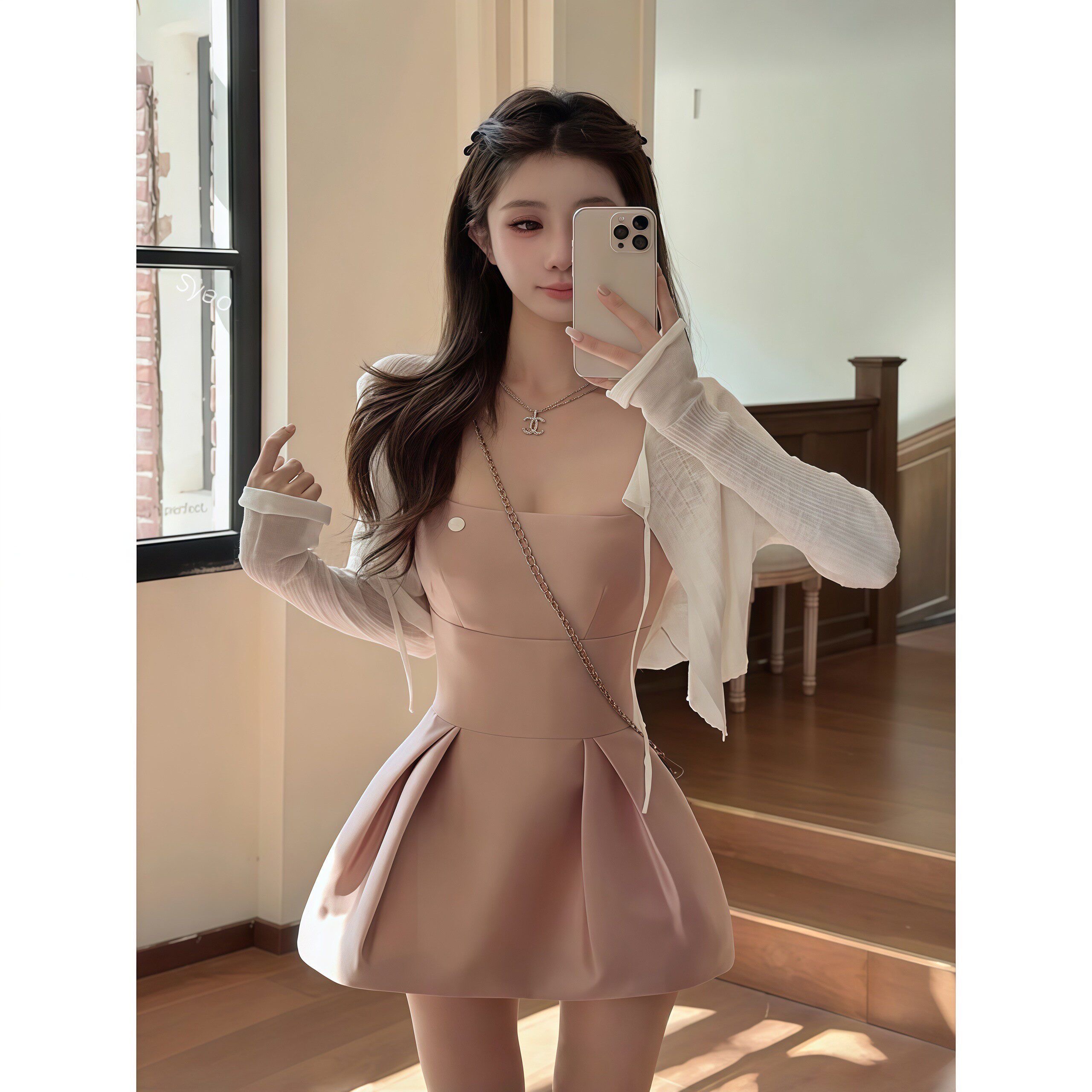 달콤함 천 금빛 바람 광장 칼라 민소매 슬립 여성 드레스 여름 새로운 한 마디 미니 스커트 숄 오픈 가디건 투피스 세트