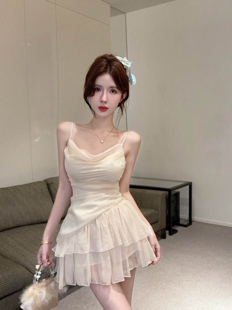 빛나는 쉬폰 작은 슬링 조끼 맨위 여성 2026 여름 순수한 욕망 세트 케이크 치마 투피스 세트 트렌디