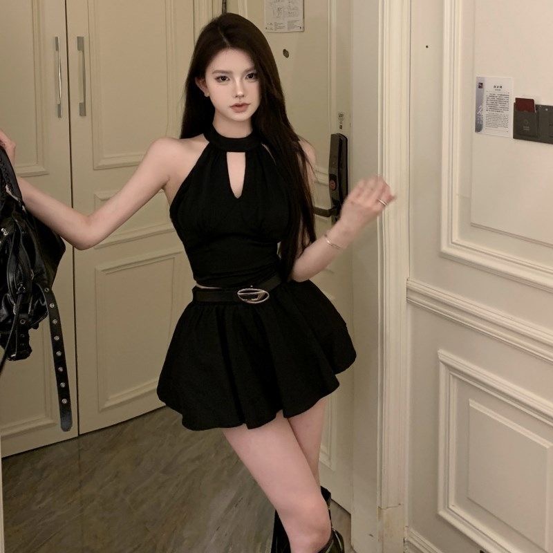 높음 물품 핫걸 섹시함 행침 목 조끼 맨위 여름 세트 검정색 하이웨이스트 반신 치마바지 한 마디 미니 스커트 두 조각