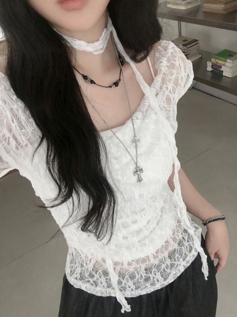 순수한 욕망 바람 시스루 레이스 목도리 반팔 티셔츠 여성 오프숄더 핫걸 몸매 가꾸기 슬림해 보이는 여름 새로운 달콤한 차가운 맨위