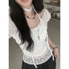 批发纯欲风透视蕾丝围脖<b class='q'>短袖</b><b class='q'>T</b><b class='q'>恤</b>女露肩辣妹修身显瘦夏季新款甜酷上衣