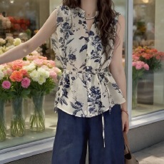 批发2026新款欧货女装设计感小衫复古<b class='q'>印花</b>V领<b class='q'>衬衫</b>女韩系水墨花朵夏装