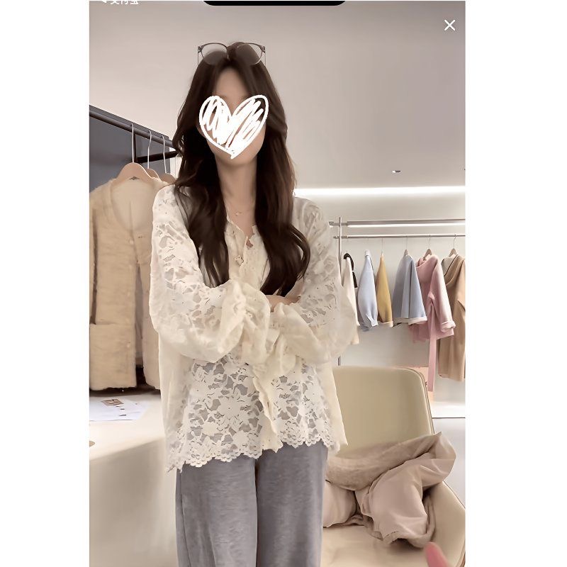 프랑스식 V넥 레이스 자수 긴팔 여성 셔츠 가을 새로운 루즈핏 디자인 센스 살구 색상 얇은 스타일 아름다운 맨위
