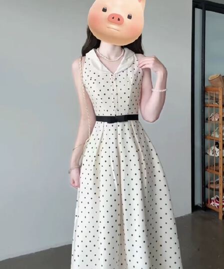 프랑스식 천 금빛 바람 민소매 도트 무늬 나비 매듭 여성 드레스 2026 여름 새로운 허리 수축 슬림해 보이는 품격 롱 스커트