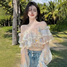 批发法式宫廷风荷叶边一字肩上衣女2026春夏季新款<b class='q'>喇叭袖</b>衬衫设计感