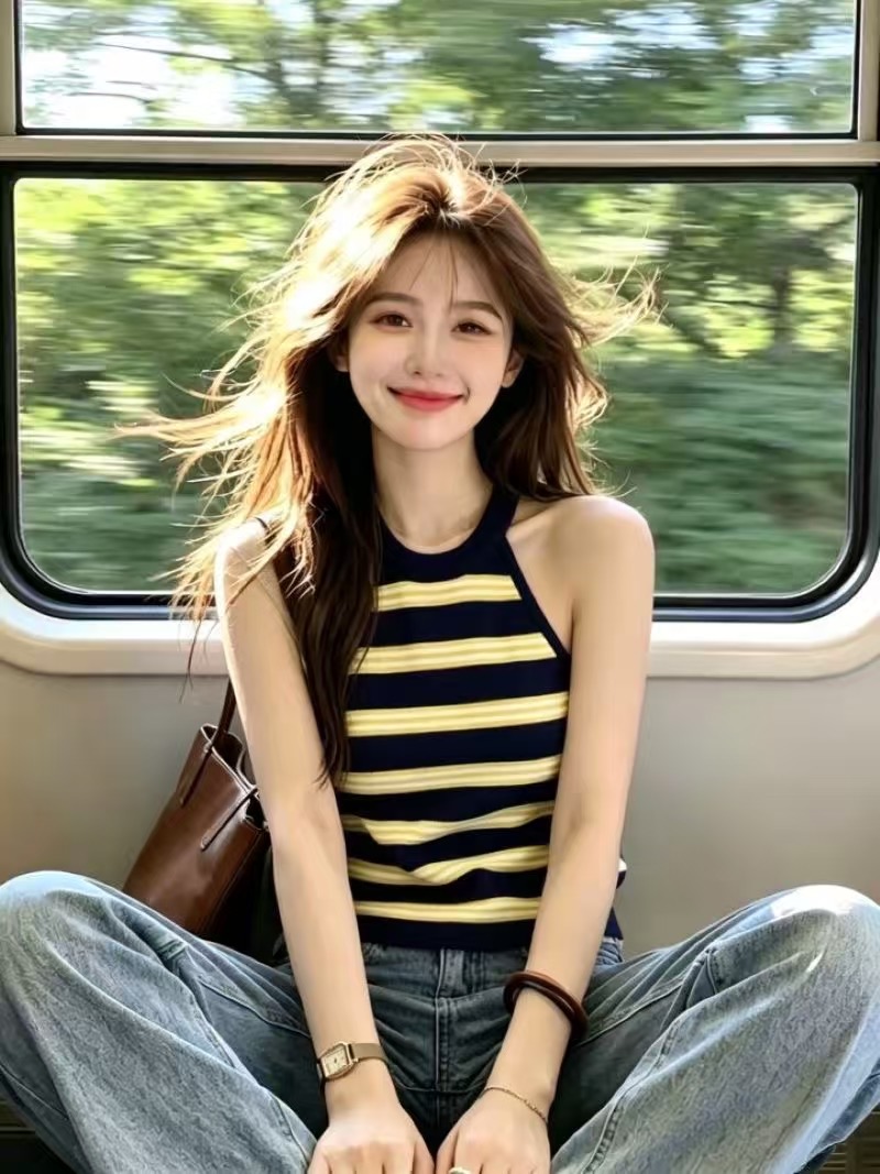 인터넷 유명인 부드러운 섹시함 스트라이프 니트 조끼 여름 착용 가져 가라. 작은 대중 폭발 절묘한 직업 신청 민소매 맨위