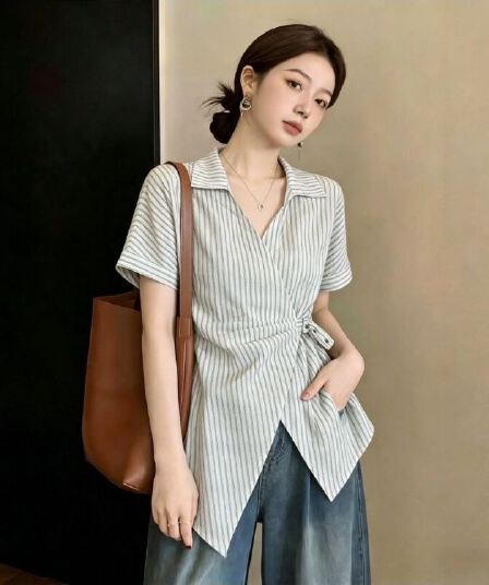 마이크로 지방 mm 여름 한 스타일 허리 수축 십자가 V넥 파란색 스트라이프 반팔 폴로 칼라 바지를 입는 셔츠 빅 사이즈 맨위 여성