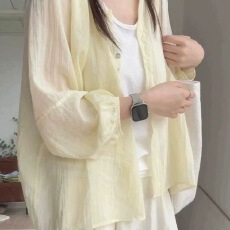 批发杏黄百<b class='q'>搭</b>防晒衬衫女夏季薄款外套宽松雪纺<b class='q'>长袖</b>衬衣短上衣<b class='q'>开衫</b><b class='q'>外</b><b class='q'>搭</b>