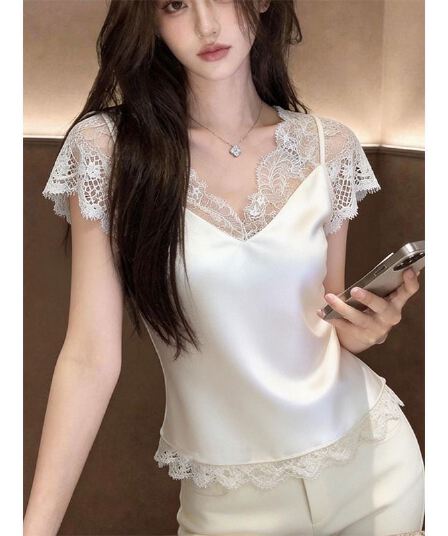빛 럭셔리 여름 레이스 조각 새틴 반팔 티셔츠 조끼 화이트 페이크 레이어드 디자인 센스 품격 연령 감소 맨위