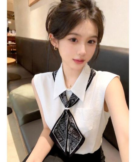 품격 스카프 넥타이 민소매 셔츠 조끼 여성 짧은 여름 외출용 디자인 센스 작은 대중 자이언트 잘 생긴 고유 한 맨위