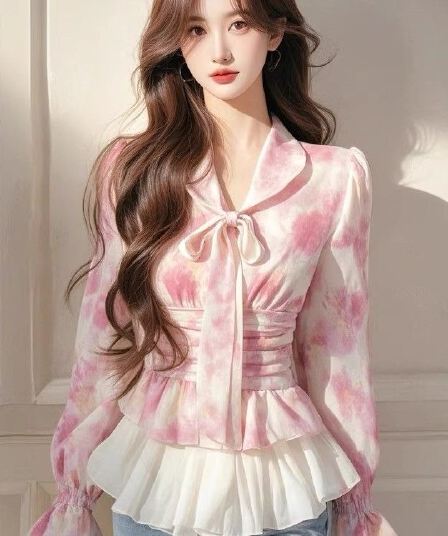 분말 색 후광 염색 패치워크 디자인 센스 셔츠 여성 의류 봄 긴팔 허리 수축 나비 매듭 고유 한 아름다운 작은 대중 맨위
