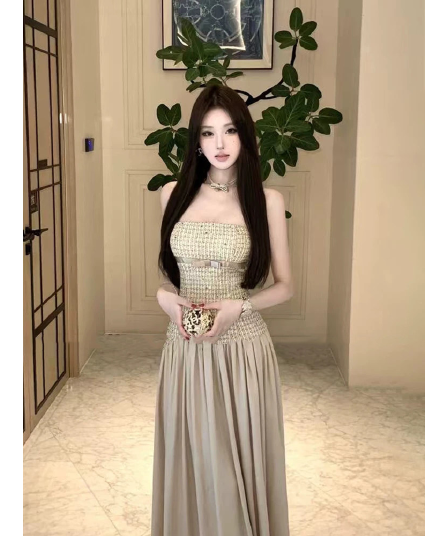 프랑스식 작은 샤넬 스타일 패치워크 튜브탑 여성 드레스 26 년 봄 우아함 품격 허리 수축 이브닝 드레스