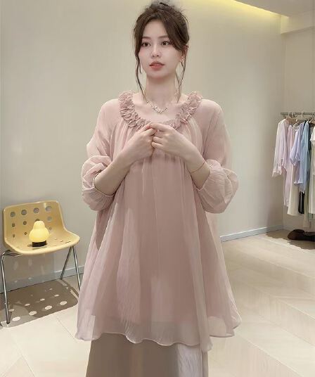프랑스식 부드러운 바람 레이스 라운드 넥 긴팔 여성 셔츠 봄 여름 새로운 디자인 센스 느긋한 루즈핏 아름다운 맨위