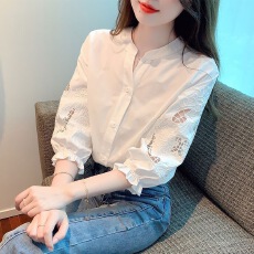 批发重工刺绣泡泡灯笼短袖衬衫女早秋装2025夏季衬衫<b class='q'>七分袖</b>白<b class='q'>雪纺上衣</b>
