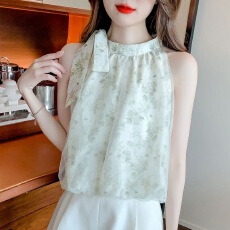批发独特气质印花雪纺衬衫女夏季2026新款设计感挂脖露肩衬衣<b class='q'>无袖</b>上衣