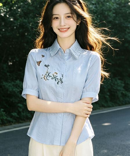 여름 새로운 프랑스식 품격 순면 자카드 반소매 여성 셔츠 슬림해 보이는 다용도 작은 대중 고급 디자인 센스 맨위