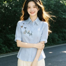 批发夏季新款法式气质纯棉提花半袖<b class='q'>衬衫</b>女显瘦百搭小众高档设计感上衣