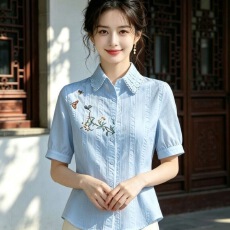 批发夏季新款法式气质纯棉提花半袖<b class='q'>衬衫</b>女显瘦百搭小众高档设计感上衣