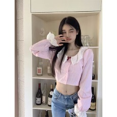 批发学院风娃娃领衬<b class='q'>衫</b>女秋季性感露脐衬<b class='q'>衣</b>喇叭袖长袖防晒短款开<b class='q'>衫</b>上衣