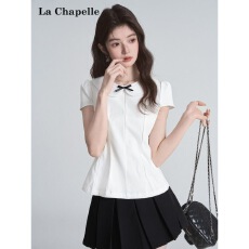 批发2026甜美夏季白色蝴蝶结娃娃短袖新款别致<b class='q'>修身</b><b class='q'>衬衫</b>显瘦娃娃领上衣