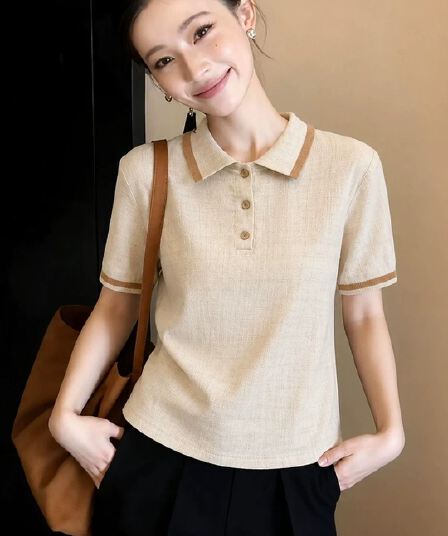 2026 여름 새로운 오래된 돈 바람 배색 POLO 칼라 마 무늬 반팔 니트 스웨터 여성 루즈핏 슬림해 보이는 맨위 여성