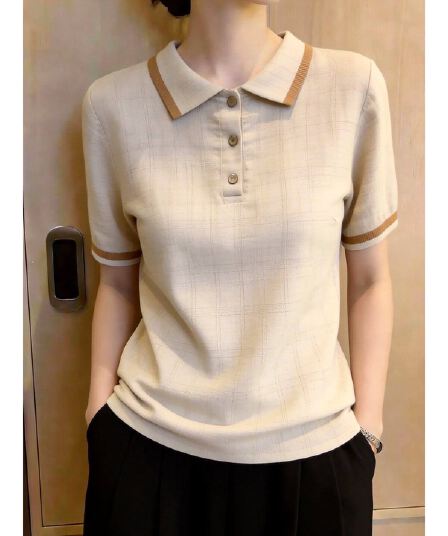 2026 여름 새로운 오래된 돈 바람 배색 POLO 칼라 마 무늬 반팔 니트 스웨터 여성 루즈핏 슬림해 보이는 맨위 여성