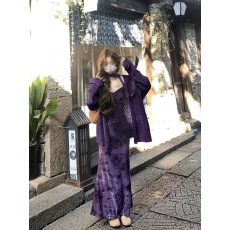 批发松弛感百搭镂空针织开衫春季植绒碎花吊带连衣裙气质长裙<b class='q'>两件套</b>装