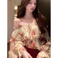 批发法式浪漫雪纺一字肩<b class='q'>衬衫</b>女夏季宽松气质<b class='q'>衬衣</b>设计感喇叭袖<b class='q'>碎花</b>上衣