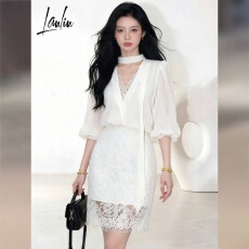 批发韩版温柔风套装女春夏2026新款轻奢飘带<b class='q'>长袖</b>衬衫蕾丝半身裙两件套