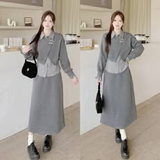 批发2025新款150小个子145灰色韩系设计感假两件卫衣半身裙两件套装女