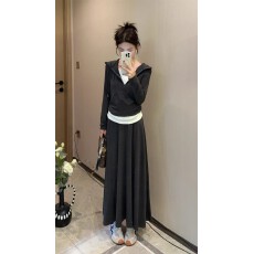 批发150小个子韩系假两件连帽上衣高腰半身裙时尚两件套装裙xs秋冬