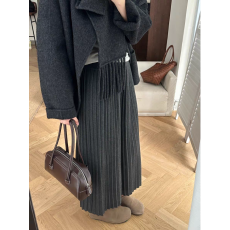 批发145小个子深灰色毛呢百褶半身裙女150cm高腰百搭a字中长裙XS码秋