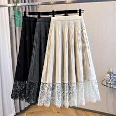 批发实拍<b class='q'>大码</b>女装春款胖mm法式气质小香风蕾丝拼接高腰针织半身裙子