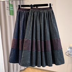 批发实拍大码女装<b class='q'>秋</b>冬款胖mm韩版气质细格纹拼接遮肚显瘦松紧腰半身裙