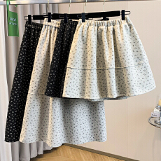 批发实拍大码女装冬装新款胖mm气质毛呢小碎花拼接蓬蓬花苞长短半身裙